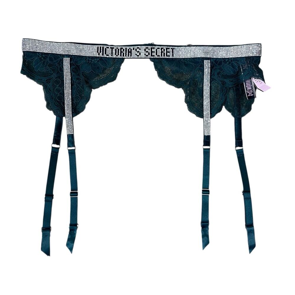 Victoria's Secret NWT Rhinestone Studded Garter Belt Lace Green M/L Y2K Lingerie
